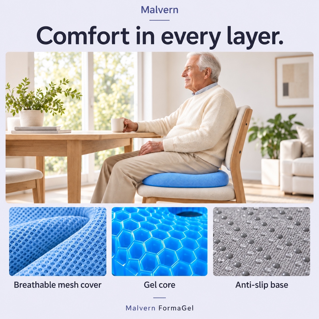 An older man seated on FormaGel with breathable cover, gel core and anti-slip base details