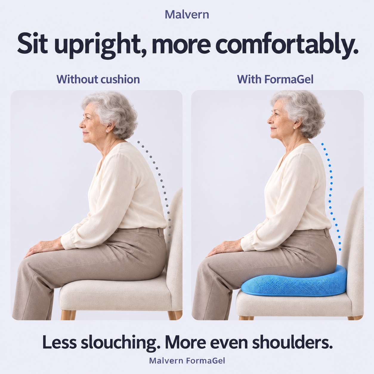 Before and after sitting posture illustration with FormaGel beneath the seated woman