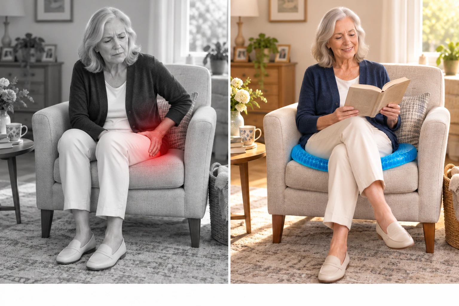 Illustration: a woman on a bare chair in grayscale with a red discomfort glow at her hip, beside the same woman reading on a blue FormaGel cushion in warm colour.