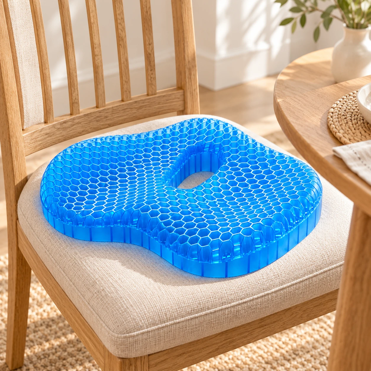 Blue FormaGel cushion on an upholstered dining chair, illustrated.