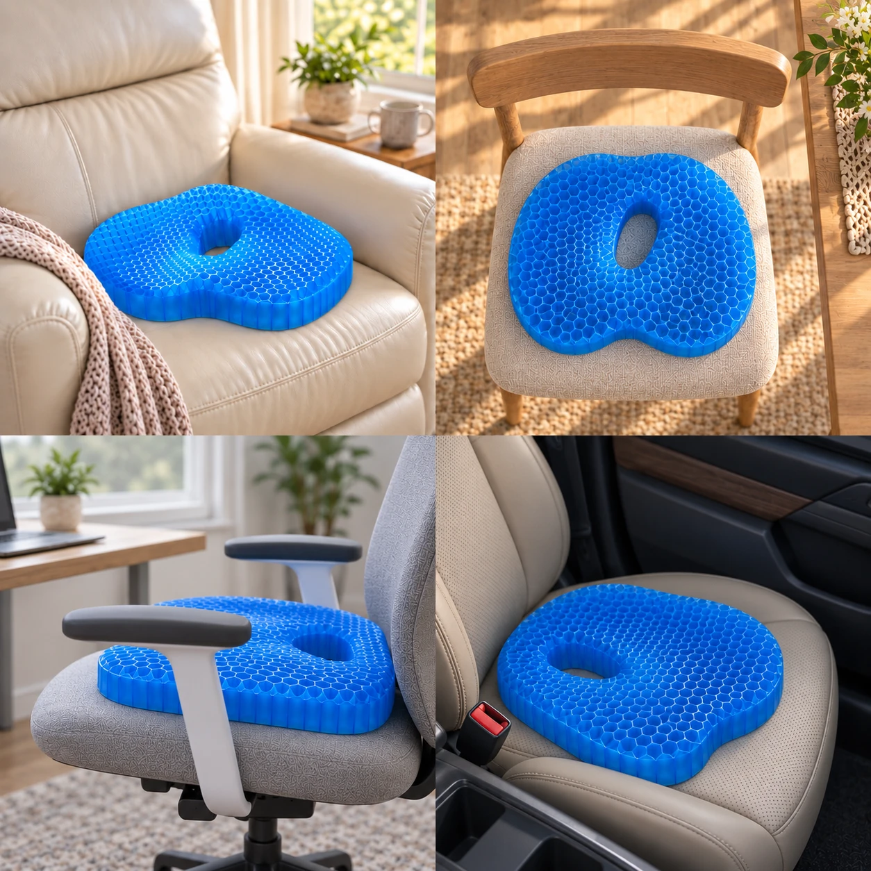 Blue FormaGel cushion on a cream recliner, illustrated.