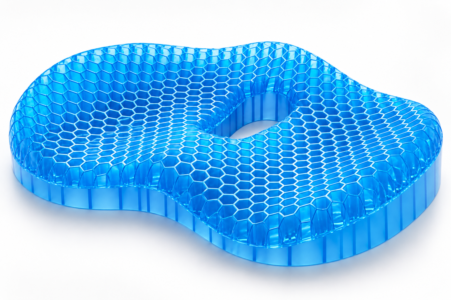 Blue FormaGel cushion showing its flexible honeycomb grid and enclosed rear opening