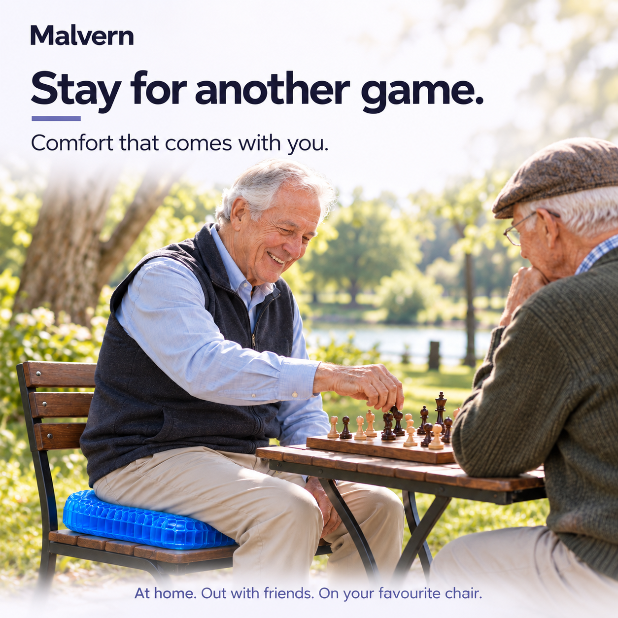 Stay for another game. Two older friends enjoy chess with FormaGel comfort.
