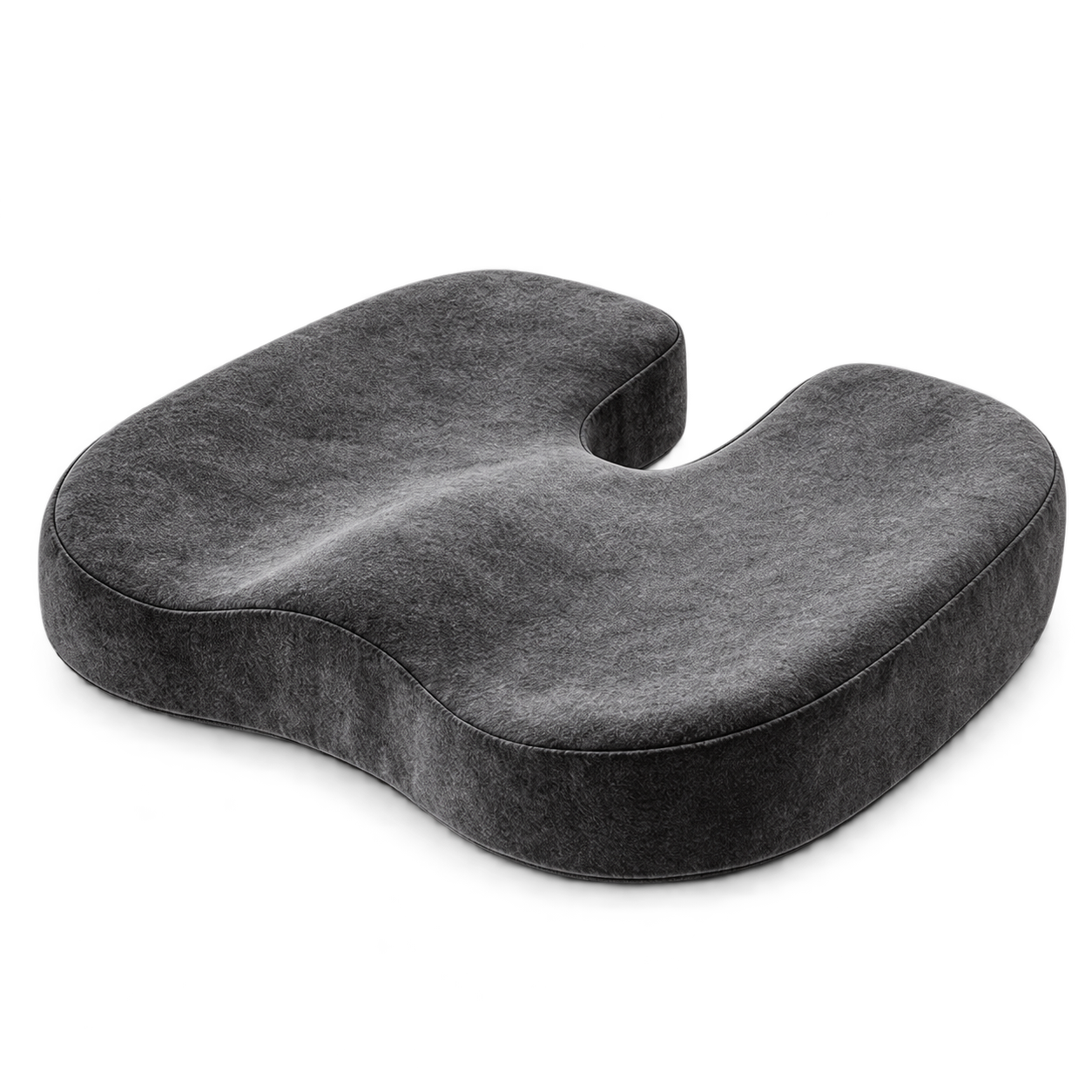 Grey contoured memory foam cushion with a U-shaped rear cutout