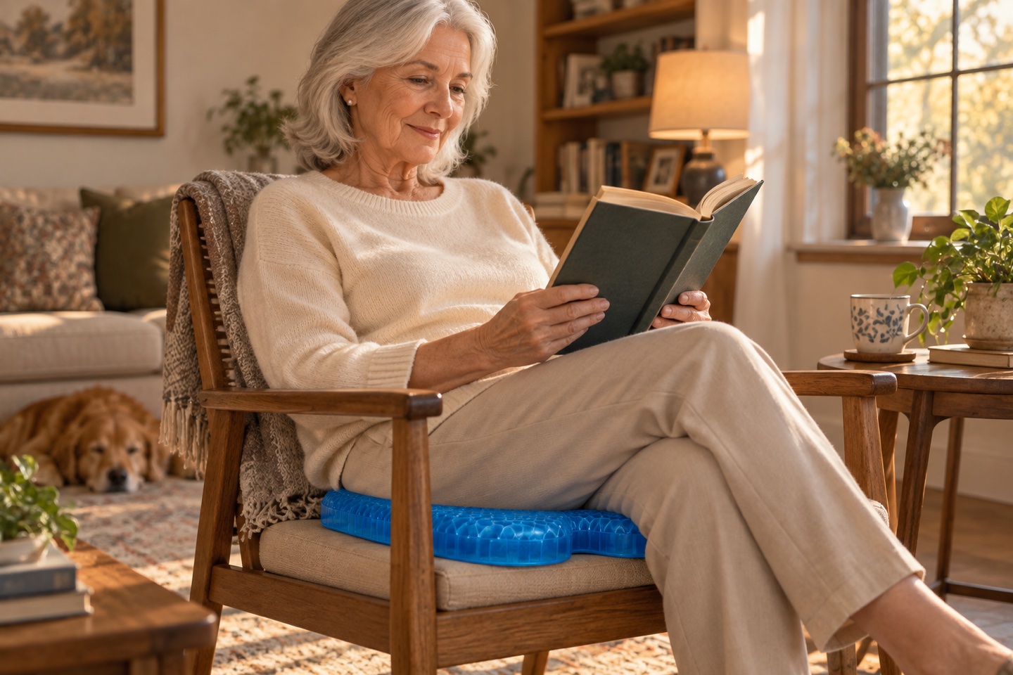 Older adult seated on a blue cushion while reading