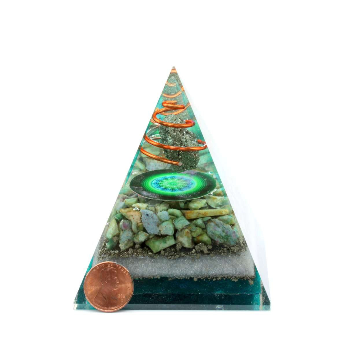 Ruby Ziosite & Pyrite Cosmic Orgonite Pyramid & Disc - 3 inch