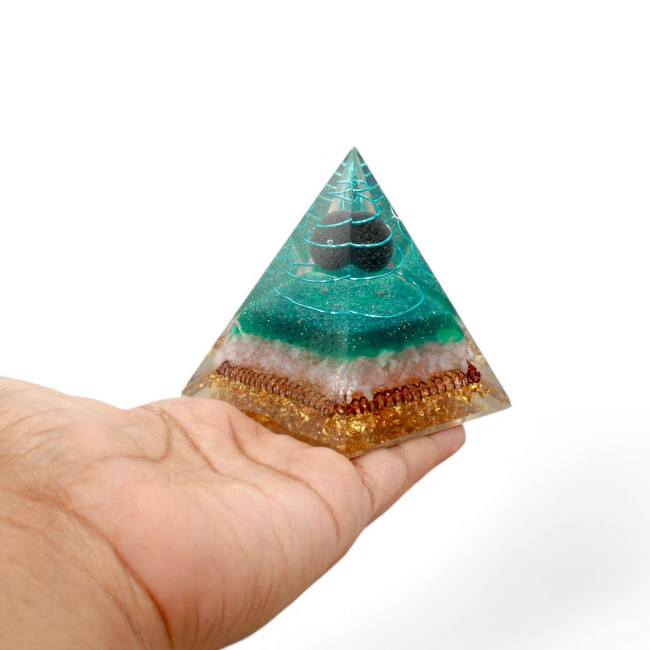Rose Quartz orgonite pyramid with black tourmaline sphere with copper coil