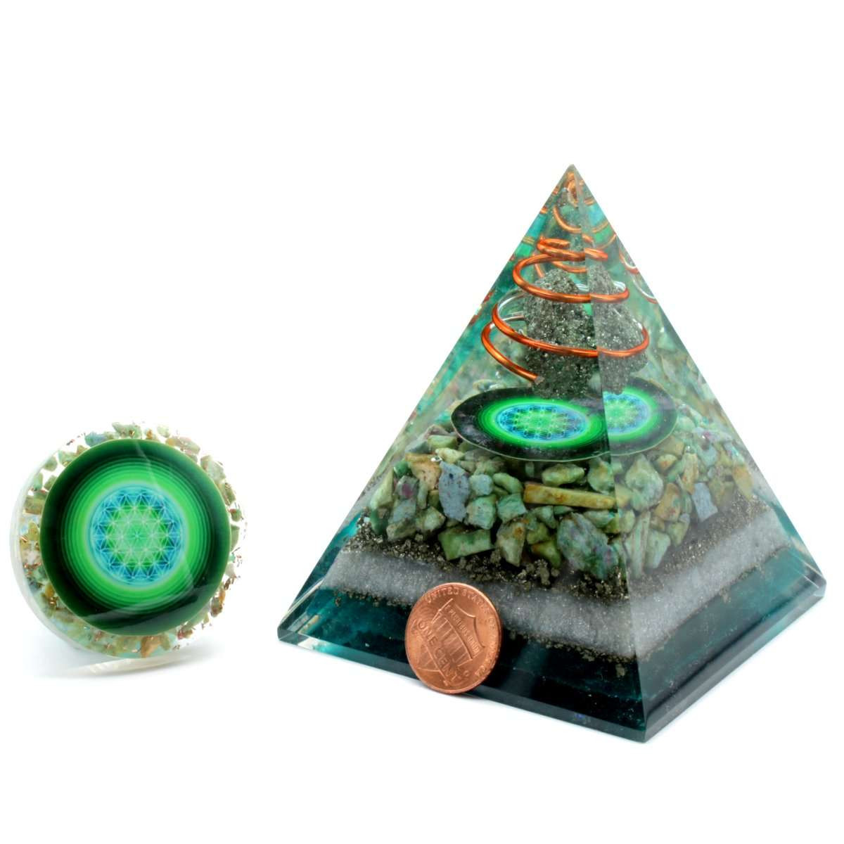 Ruby Ziosite & Pyrite Cosmic Orgonite Pyramid & Disc - 3 inch