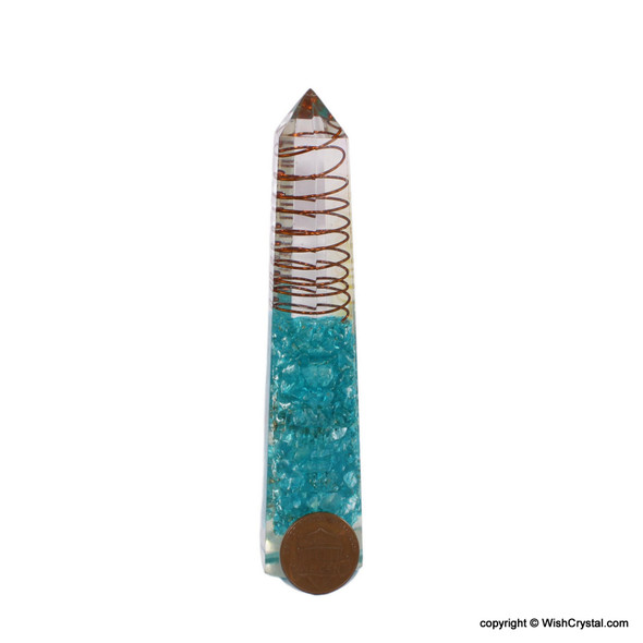 Blue Quartz Orgonite Obelisk Tower Wand with Copper Spiral