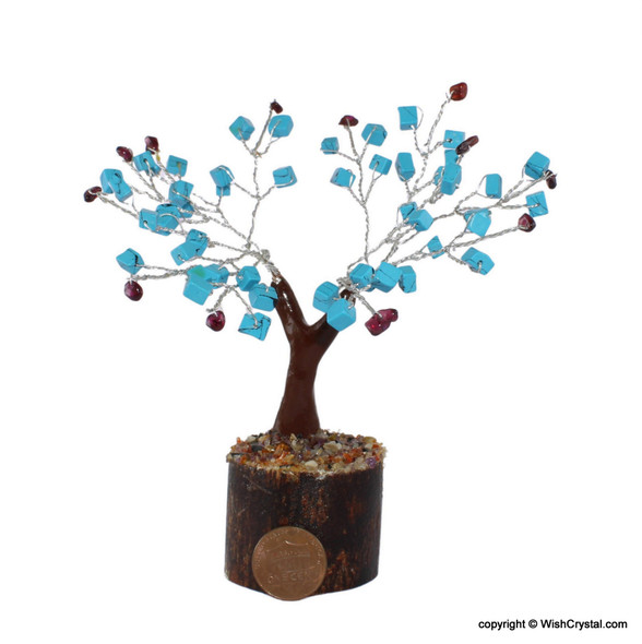 Halo Cube Turquoise tree with Garnet - Petite Bonsai Crystal tree