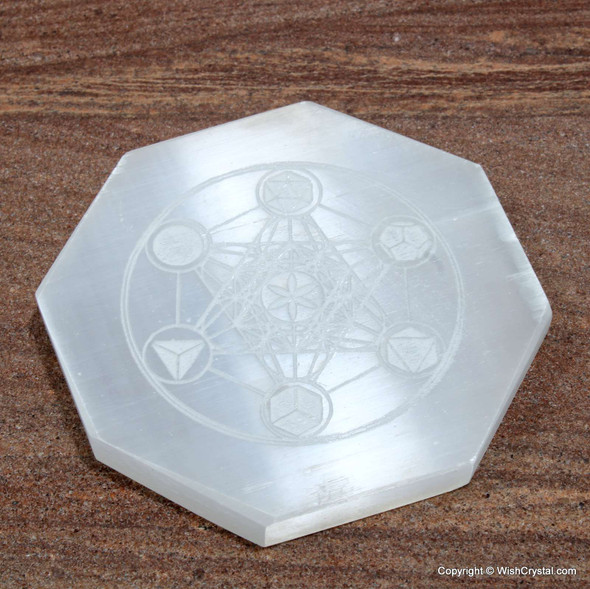Selenite Octagone slab engraved with Sacred Geometry Sign - Big Size