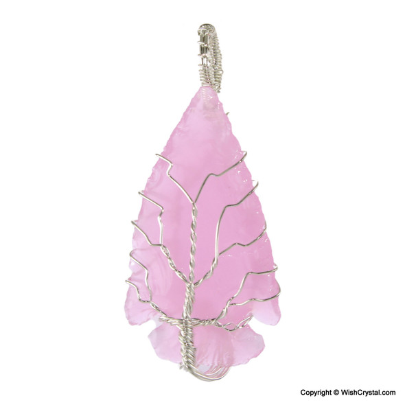 Halo Rose Quartz Arrowhead wire wrap pendant - Tree of life design