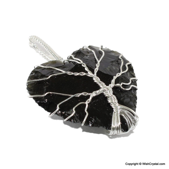 Black Obsidian heart shape wire wrap pendant - Tree of life design