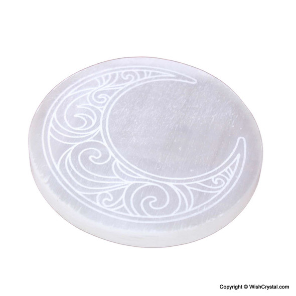 Selenite Round Slab engraved with crescent moon - 3 inch Selenite Round Slab engraved with crescent moon - 3 inch