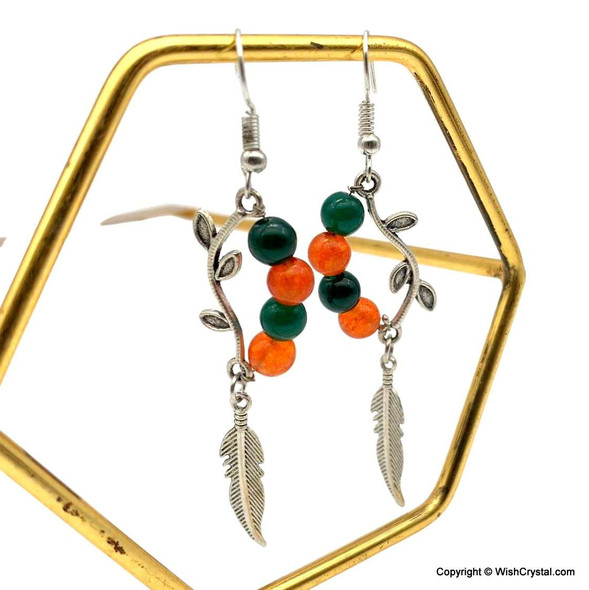 Carnelian & Green Aventurine beads-n-feathers earrings 2-inch