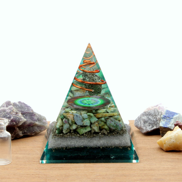 Ruby Ziosite & Pyrite Cosmic Orgonite Pyramid & Disc - 3 inch