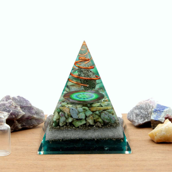 Ruby Ziosite & Pyrite Cosmic Orgonite Pyramid & Disc - 3 inch