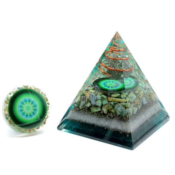 Ruby Ziosite & Pyrite Cosmic Orgonite Pyramid & Disc - 3 inch
