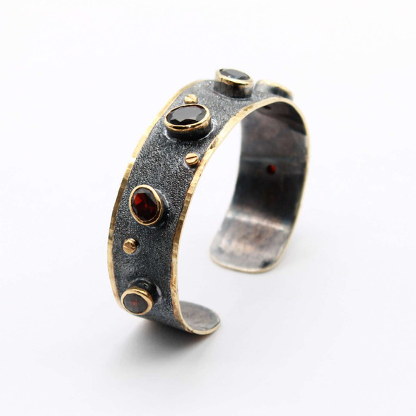 Handmade Boutique Sterling Silver Garnet Bracelet with 18K Gold & Black Rhodium overlay
