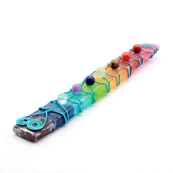 Selenite Chakra Copper wire-wrap wand with Chakra Beads 6 inch