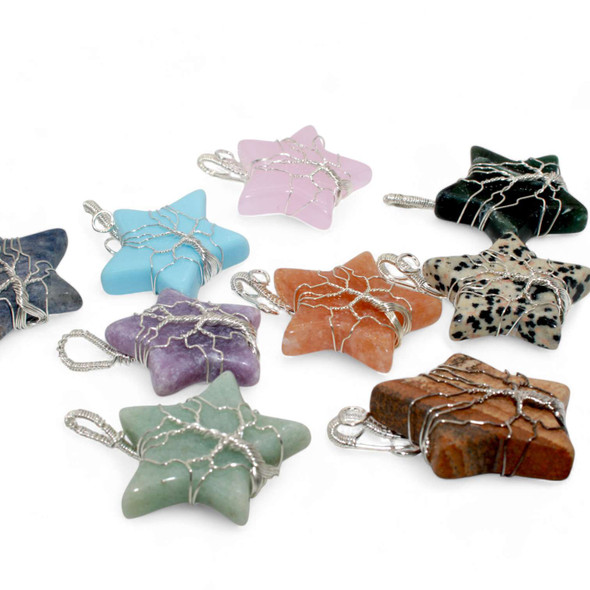 Bag of 10 Assorted crystals wire wrap flat polished star - 1 inch Bag of 10 Assorted crystals wire wrap flat polished star - 1 inch