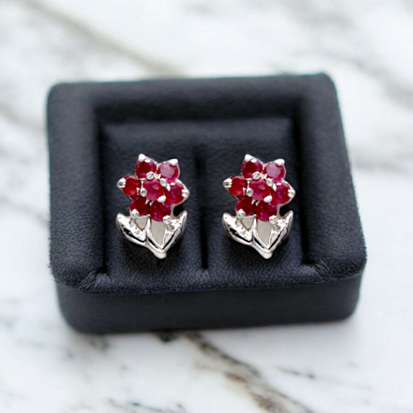 Ruby Flower sterling silver earring studs - petite Ruby Flower sterling silver earring studs - petite
