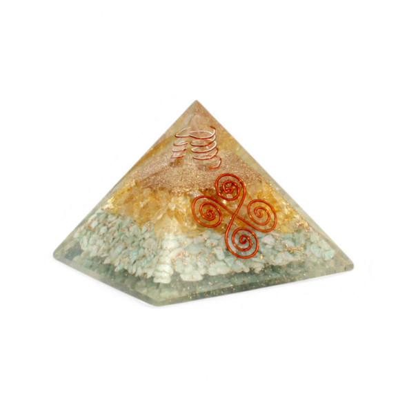 Amazonite & Citrine Orgonite Pyramid with crystal point & copper coil