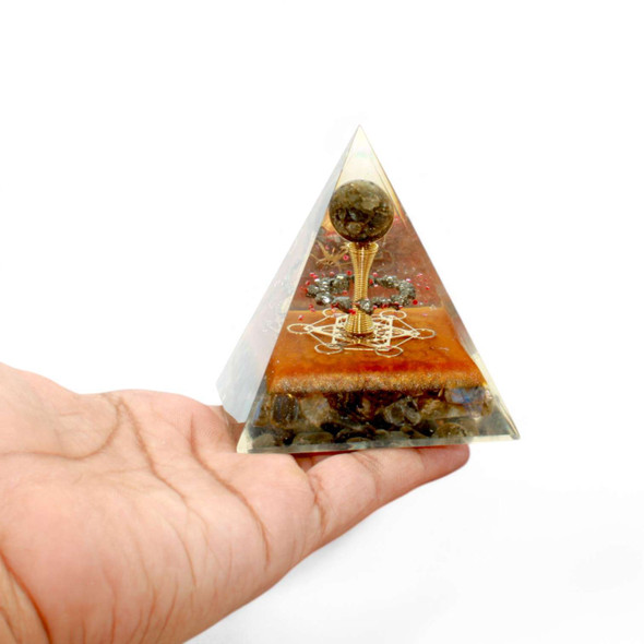 Labradorite Orgonite pyramid with pyrite shreds with copper coil