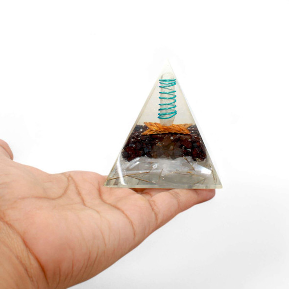 Garnet & Selenite orgonite pyramid with crystal quartz point