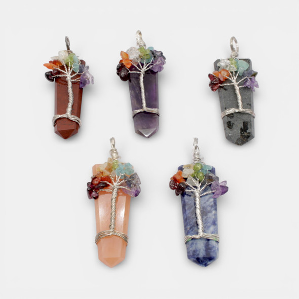 Bag of 5 Assorted Crystals wire wrap chakra stones flat pendants