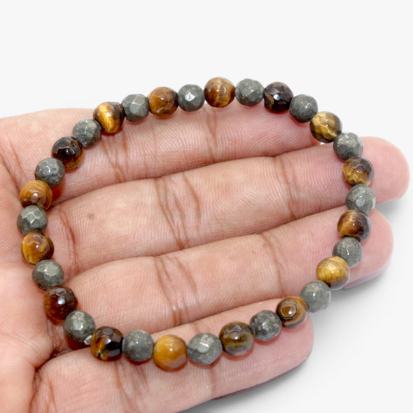 Tiger Eye & Pyrite Faceted Beads Bracelet - 6 mm