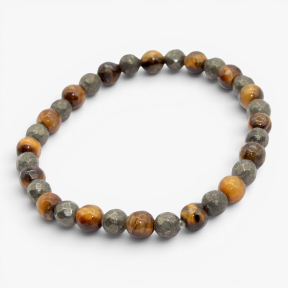 Tiger Eye & Pyrite Faceted Beads Bracelet - 6 mm