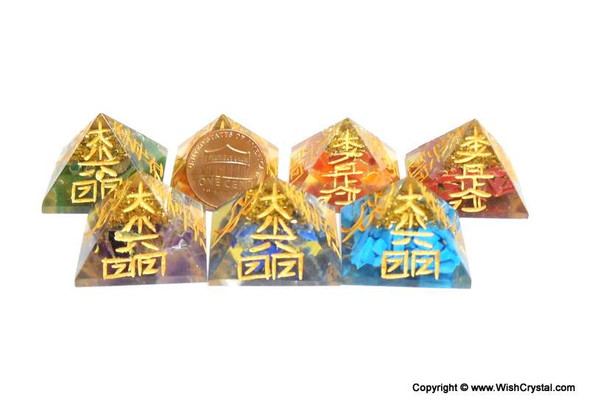 Set of 7 Chakra Orgonite Pyramids Engraved with Reiki Sign