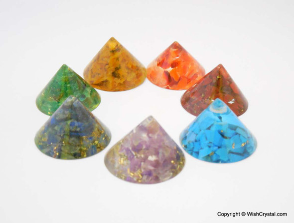 Chakra Set of Conical Orgonite Pyramids