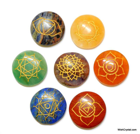 Reiki Chakra Stone Set Engraved with Reiki Signs - Disc Shape