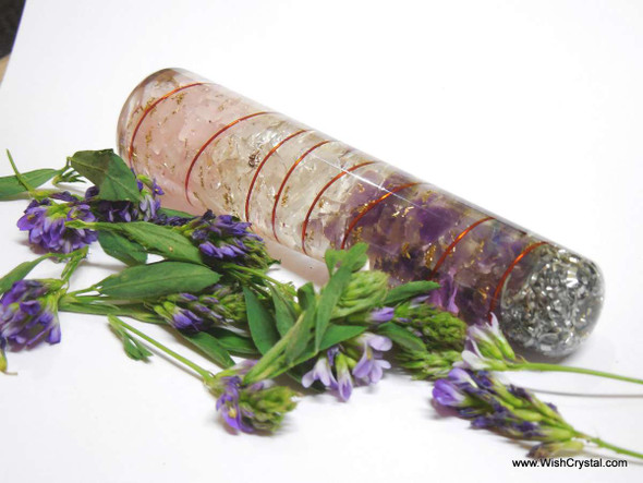 Rose, Amethyst & Crystal Layered Orgone Massage Wand - Coil