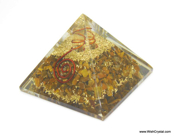 Tiger Eye Orgonite Pyramid with Crystal Point & Copper Coil