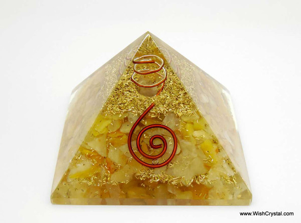 Yellow Aventurine Orgonite Pyramid with Crystal Point & Copper Coil
