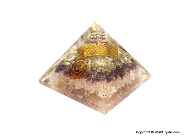 Rose Quartz, Amethyst & Crystal Quartz Orgonite Pyramid with Flower of Life
