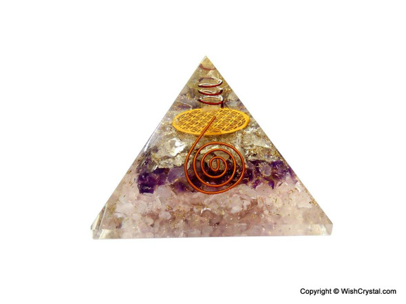 Rose Quartz, Amethyst & Crystal Quartz Orgonite Pyramid with Flower of Life
