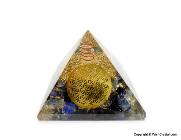 Lapis Lazuli, Crystal Quartz and Black Tourmaline Orgonite Pyramid with Flower of Life