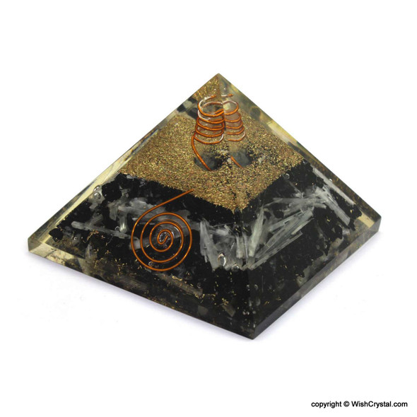 Black Tourmaline, Selenite and Crystal Point Orgonite Pyramid - Big Size