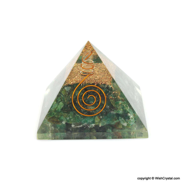 Green Aventurine Orgonite Pyramid with Crystal Quartz point and copper coil