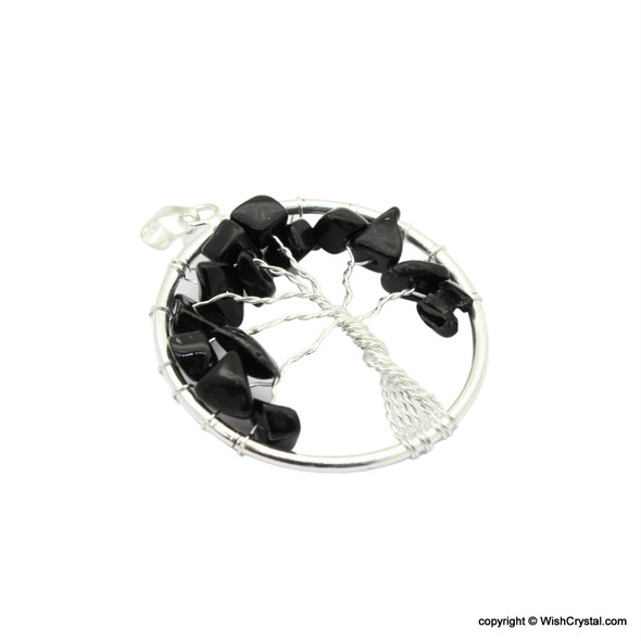 Black Agate Tree of Life Pendant - Round