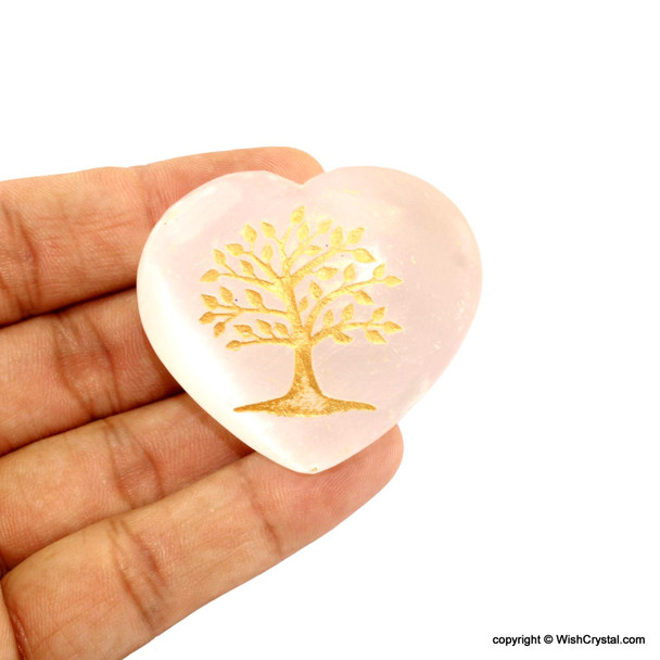 Selenite Heart Shape palm worry stone engraved with aura tree