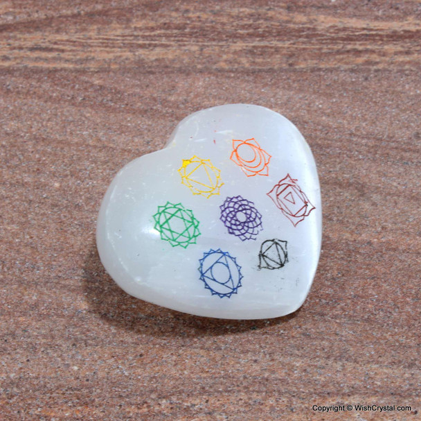 Selenite Palm worry stones engraved with colorful Reiki Signs - Heart Shape