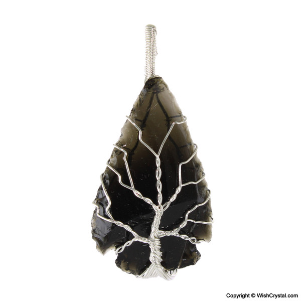 Black Obsidian Arrowhead wire wrap pendant - Tree of life design