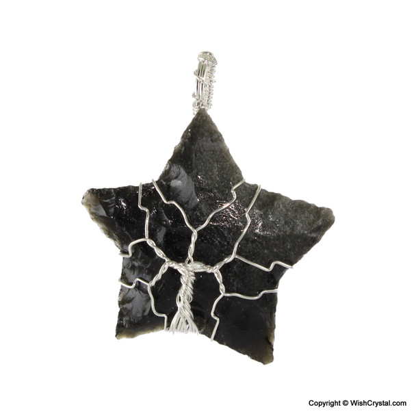 Black Obsidian Star shape wire wrap pendant - Tree of life design