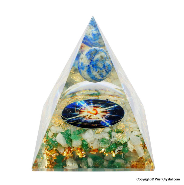 Jade Quartz, Moonstone & Lapis Lazuli Orgonite Cosmic Pyramid - 3 inch Jade Quartz, Moonstone & Lapis Lazuli Orgonite Cosmic Pyramid - 3 inch