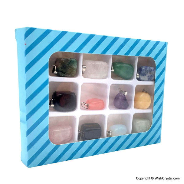 Box of 12 natural gemstone pendants